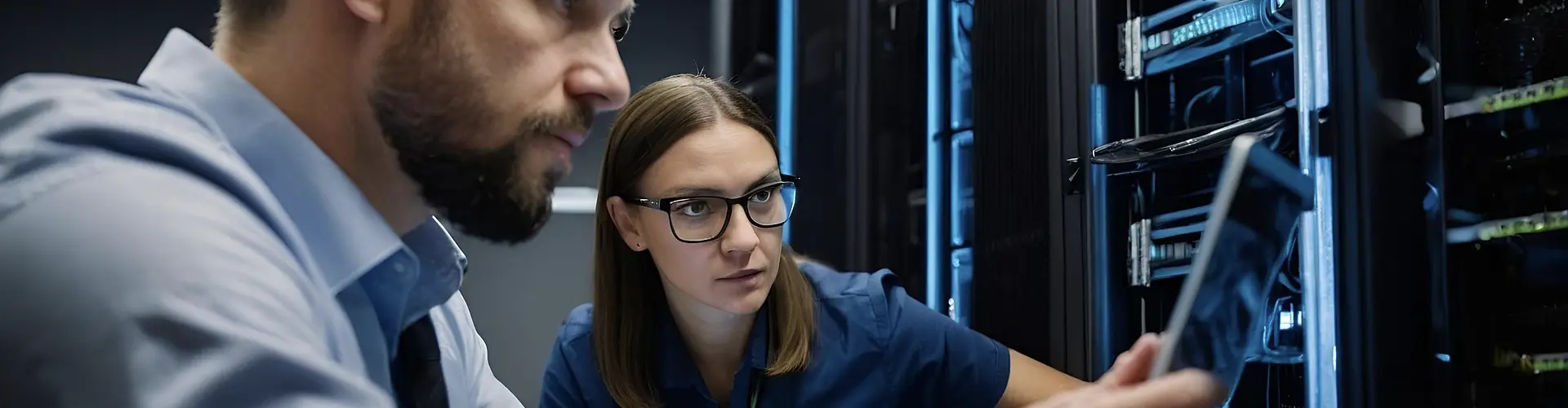 Technicians assessing Data Centre Risks on a tablet